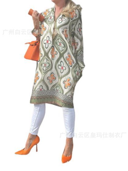 Fashionable V-neck Printed Loose Dress Long Dress