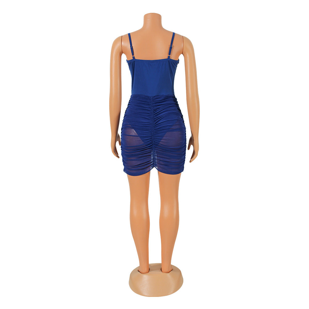 Fashionable Mesh See-Through Sling Pleated Dress