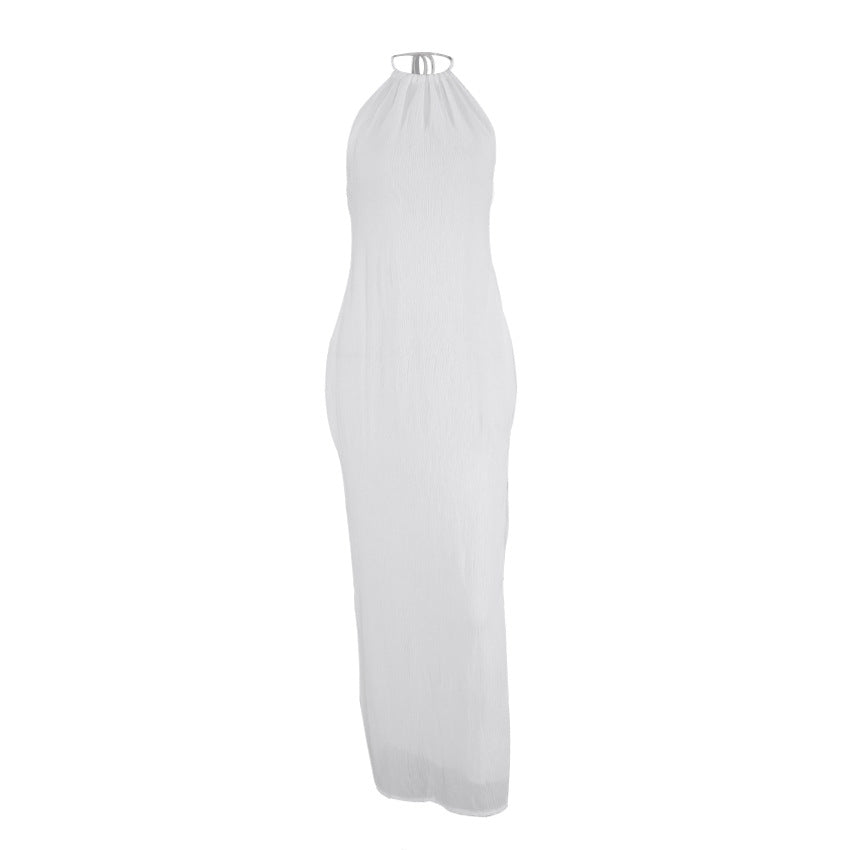 Halter Neck Sleeveless Chiffon Sling White Dress Women