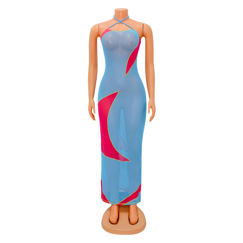 Women's Fashion Mesh See-Through Colorblock Dress