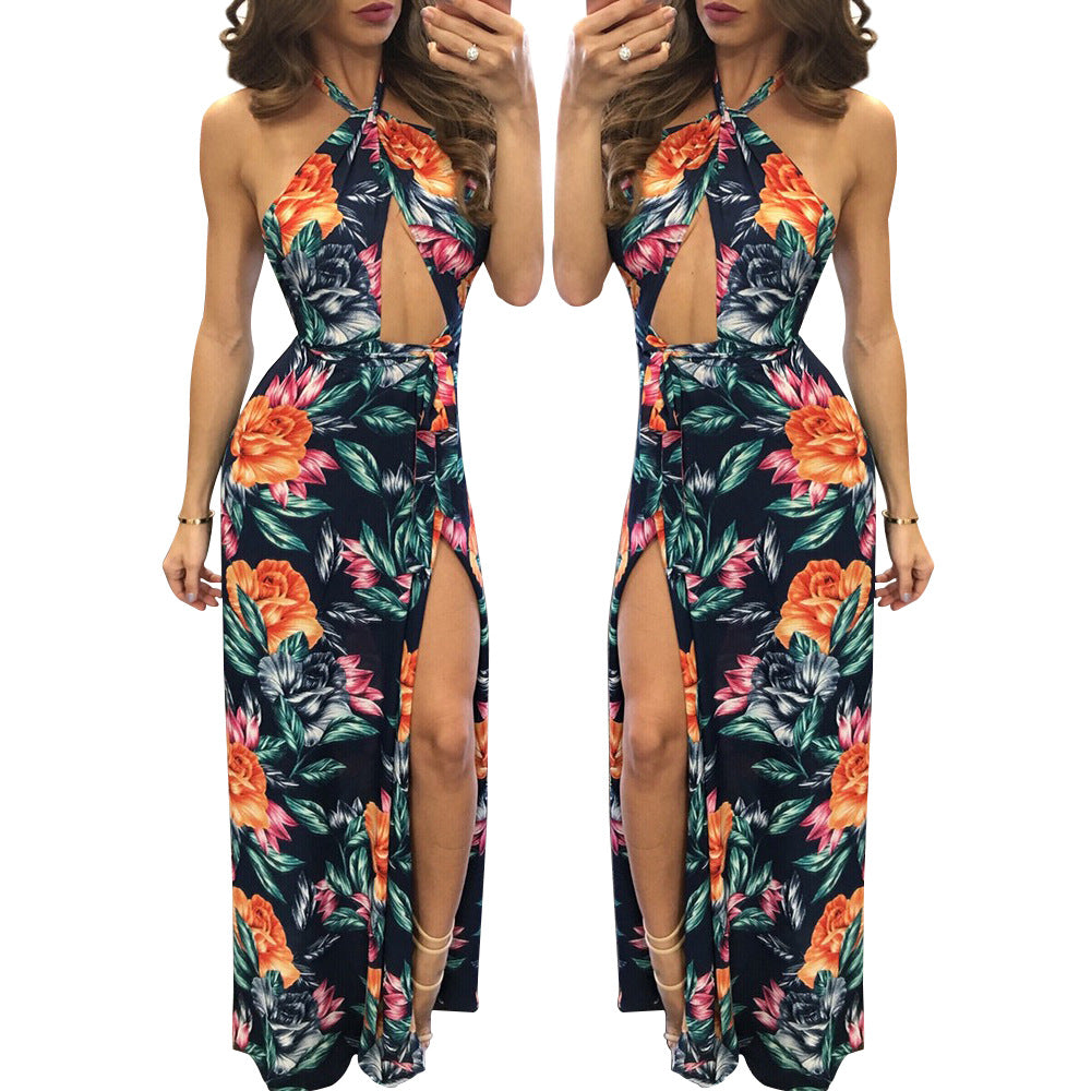 Printed Floral Sleeveless Sexy Halter Neck Split Dress