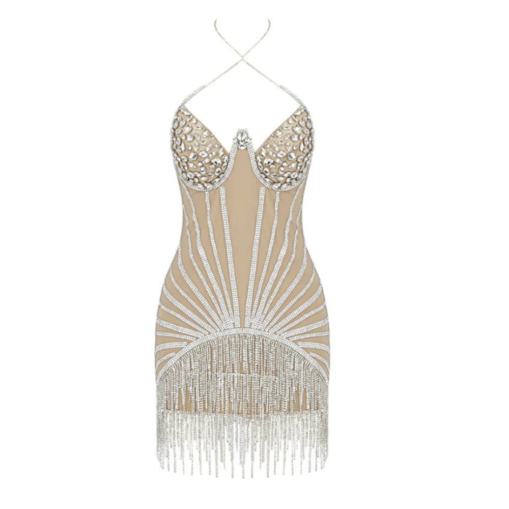 Lady Sexy Halter Tube Top Sequined Tassel Dress