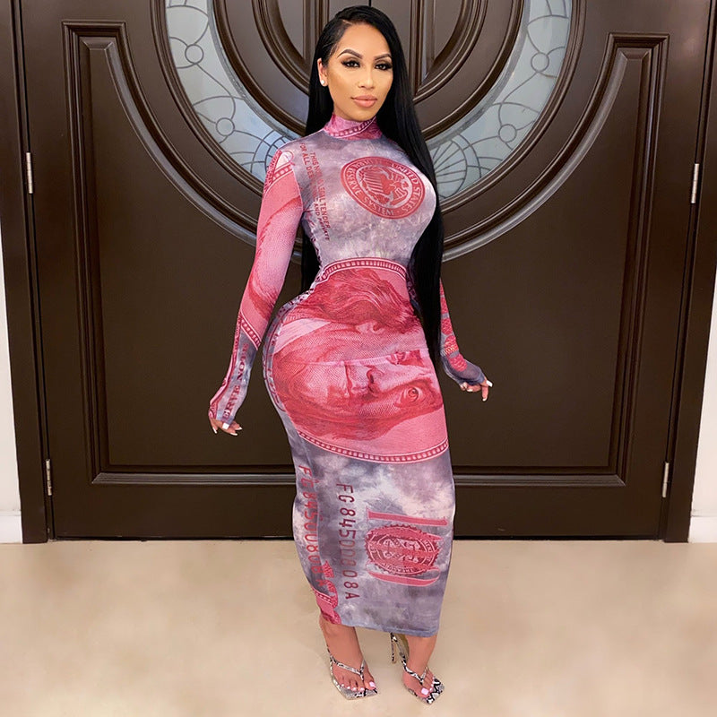 See-through long-sleeved one-piece dress