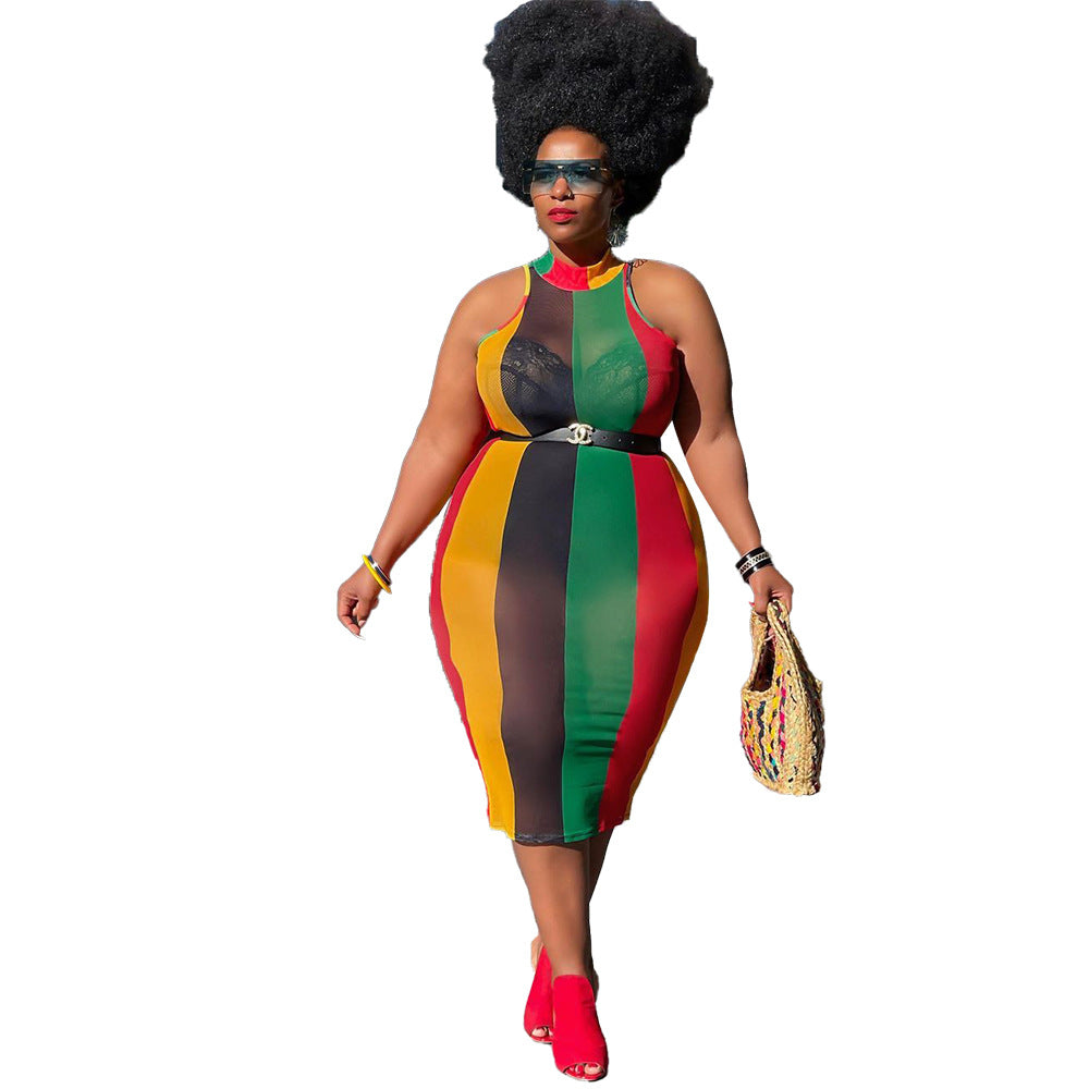 See-through Mesh Printed Striped Sleeveless Dress