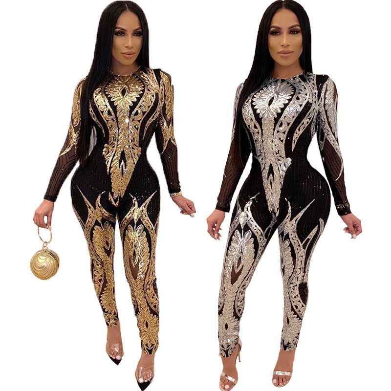 Sequined women's long-sleeved see-through jumpsuit