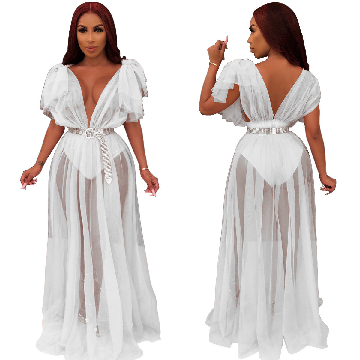 See-Through Mesh Drop Shoulder Nightclub Long Dress European And American Sexy Evening Dress