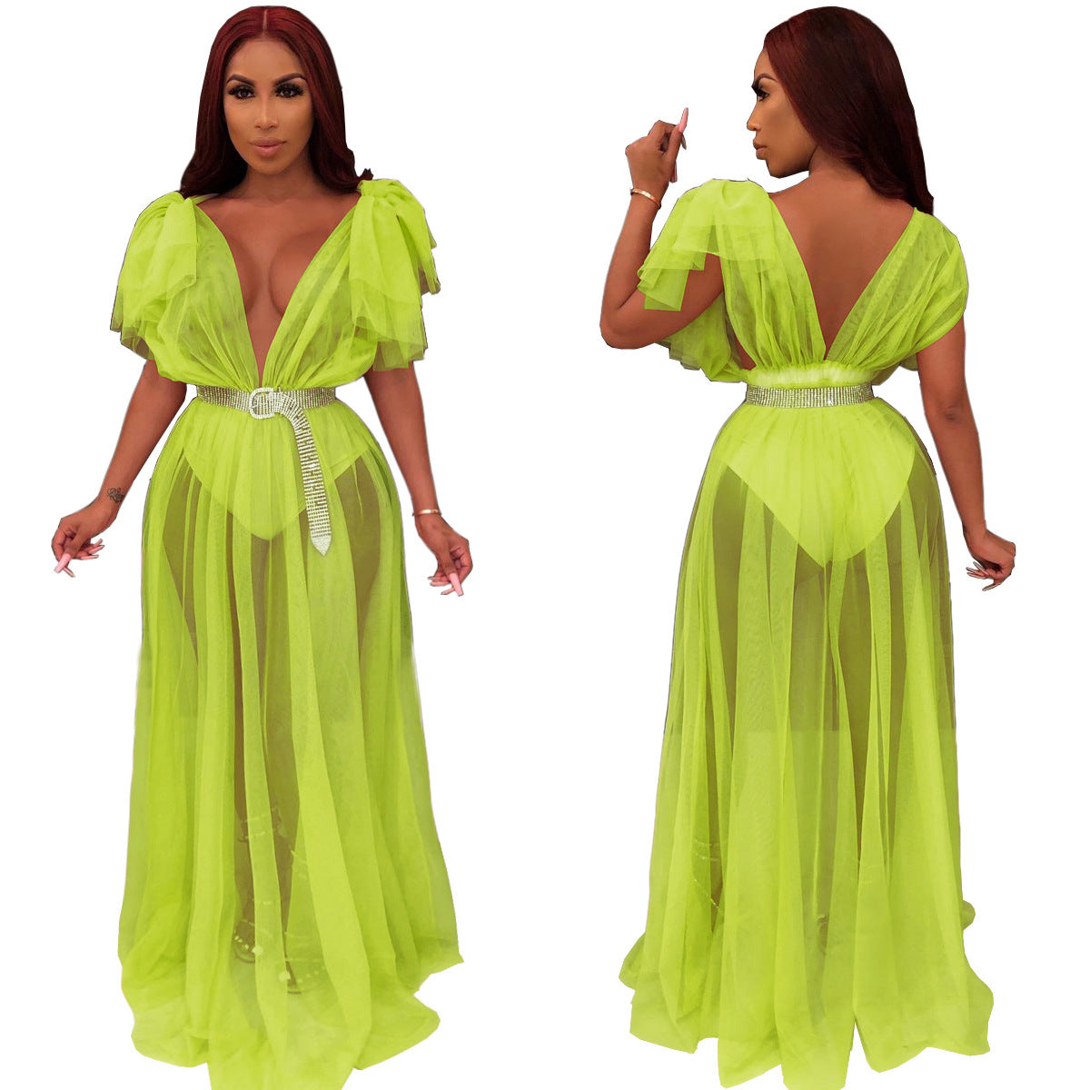 See-Through Mesh Drop Shoulder Nightclub Long Dress European And American Sexy Evening Dress