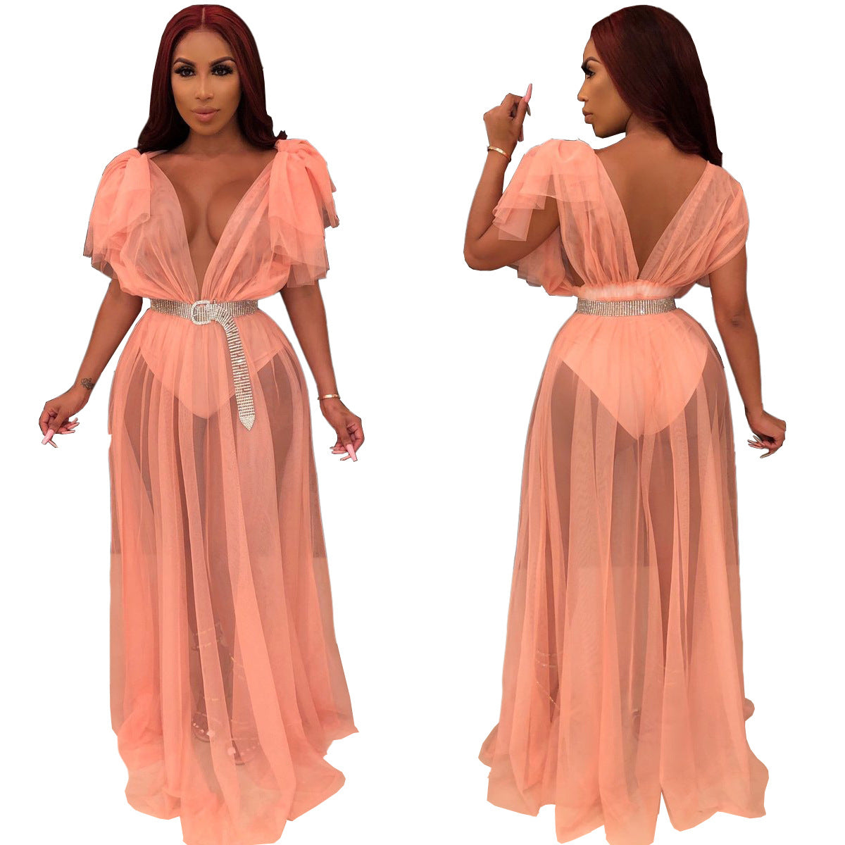 See-Through Mesh Drop Shoulder Nightclub Long Dress European And American Sexy Evening Dress
