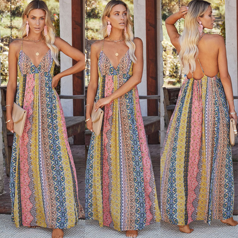 V-neck Sexy Halter Strap Print Summer Dress