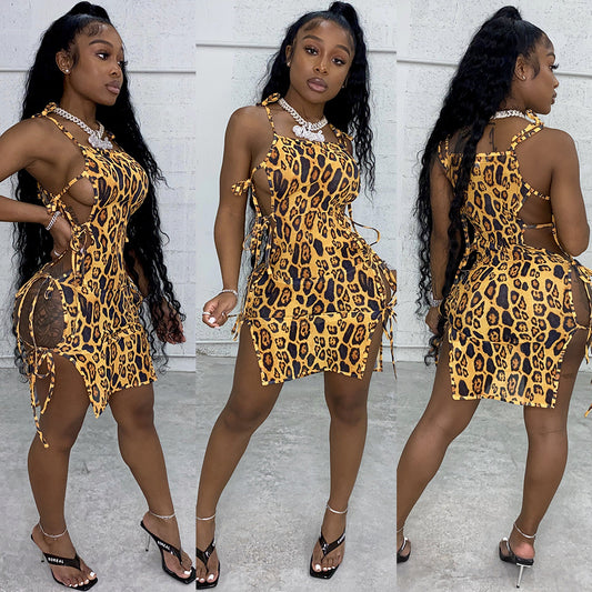Sexy Leopard Print Strappy Sling Stitching Dress