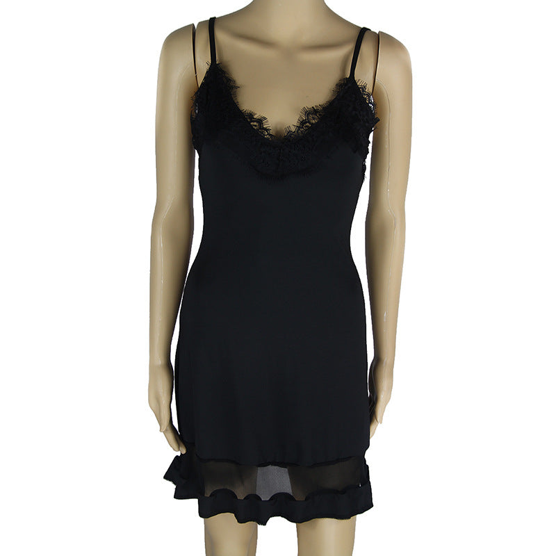 USA Europe and America sexy black lace slip dress mesh stitching nightclub dress