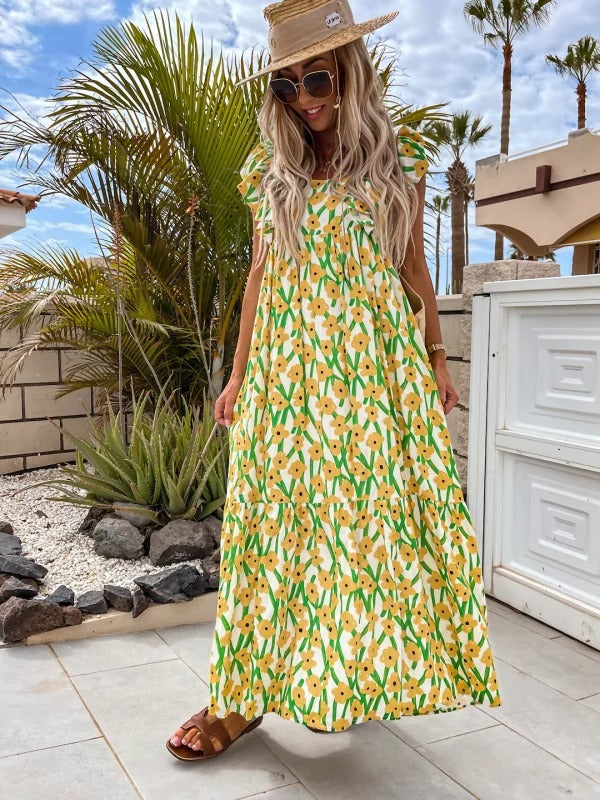 Amazon AliExpress New Fashion Short Sleeve Printed Maxi Dress Beach Dress