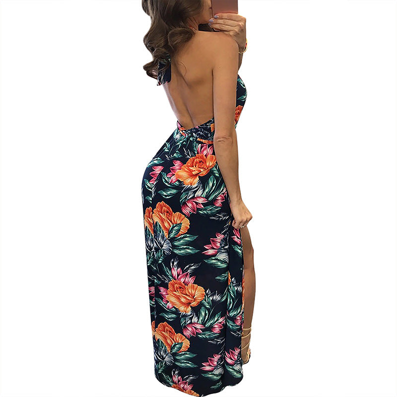 Printed Floral Sleeveless Sexy Halter Neck Split Dress