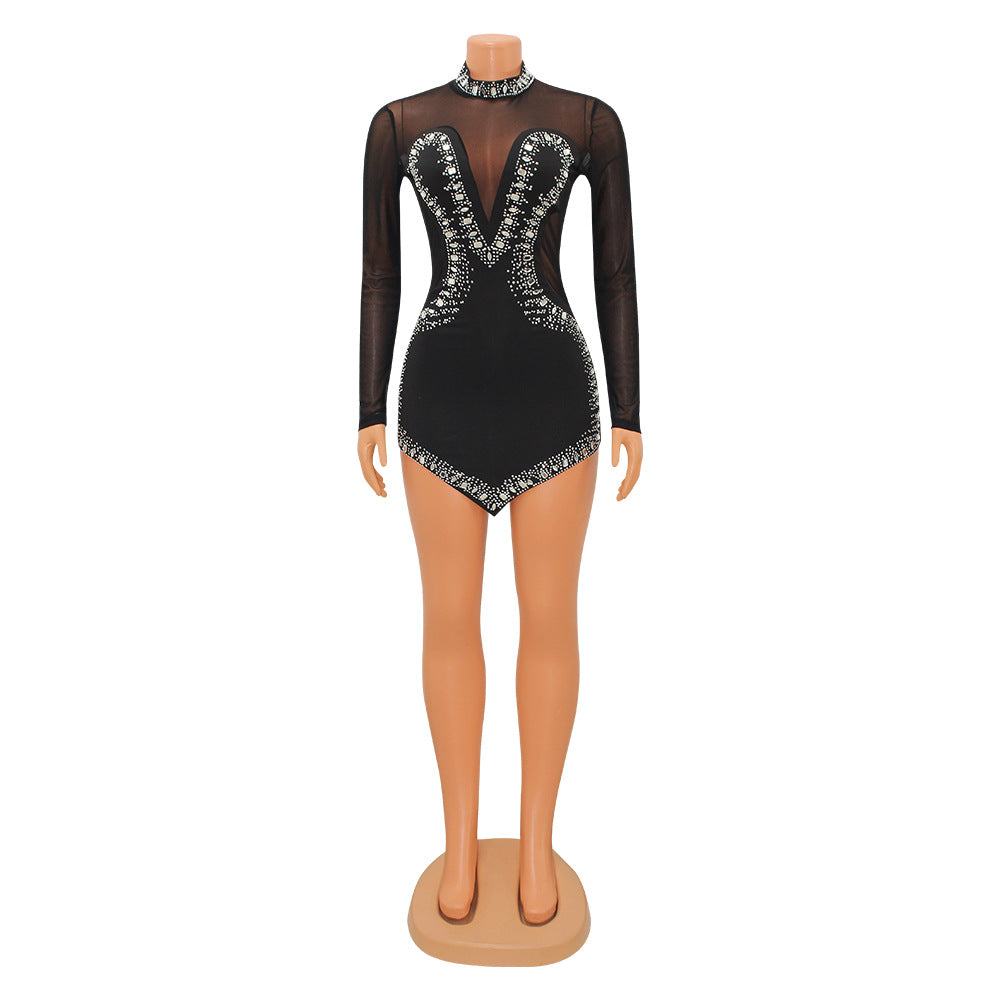 Women's Hot And Drilled Mesh See-through Long-sleeved Irregular Dress