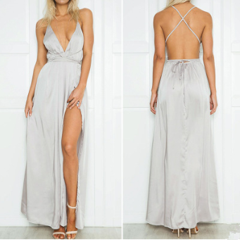 USA SIZE Sexy Deep V-neck Halter Beach Dress Solid Color Bandage Long Dress