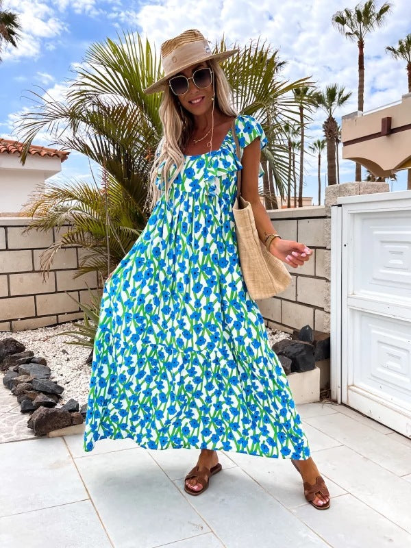 Amazon AliExpress New Fashion Short Sleeve Printed Maxi Dress Beach Dress