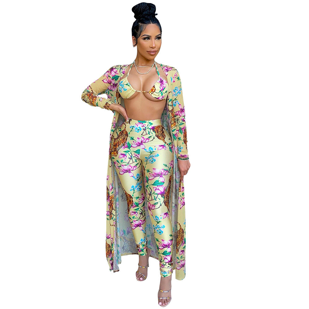 Sexy Women Three-Piece Mesh See-Through Shawl Long Coat