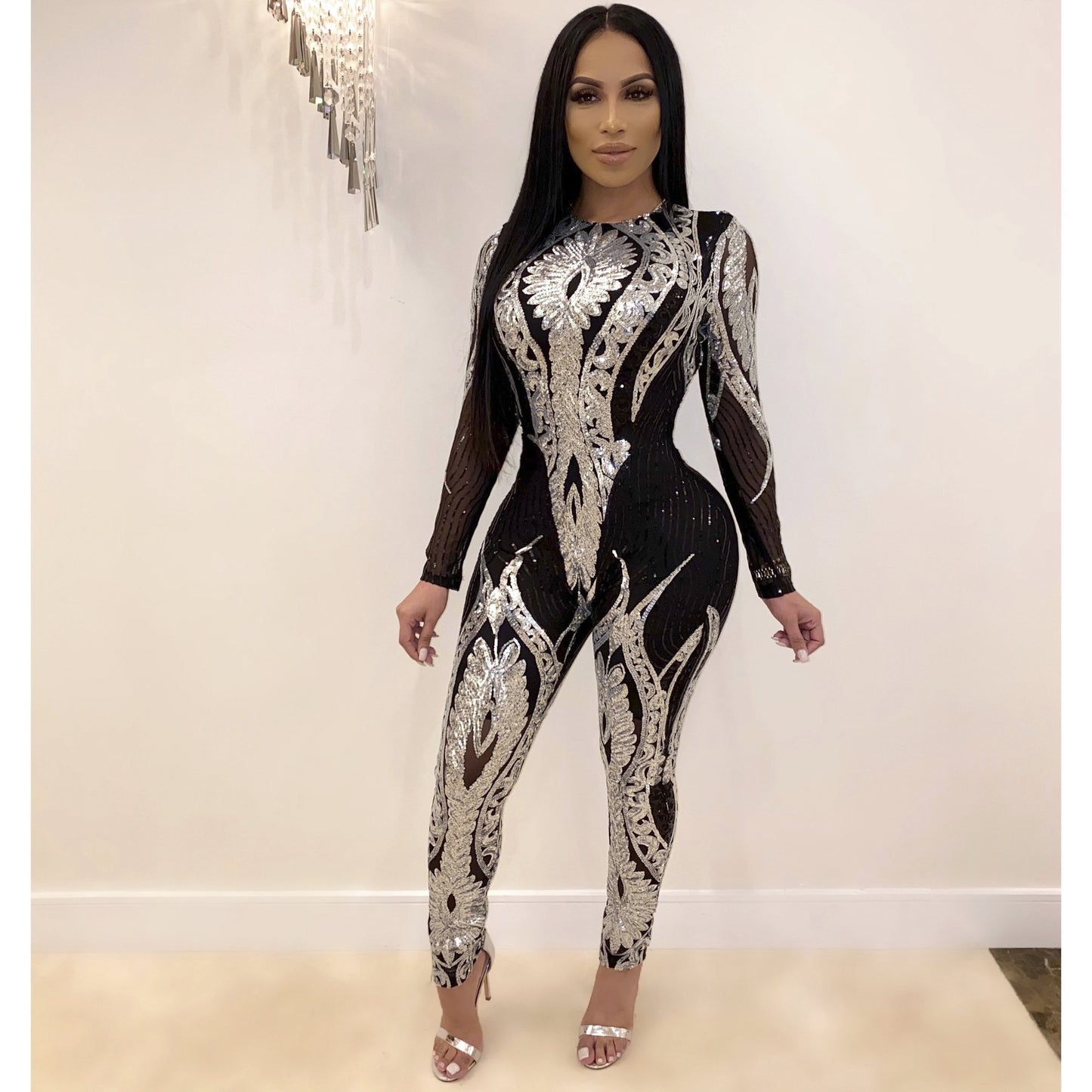 Sequined women's long-sleeved see-through jumpsuit