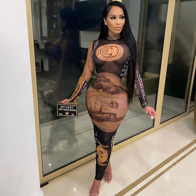 See-through long-sleeved one-piece dress