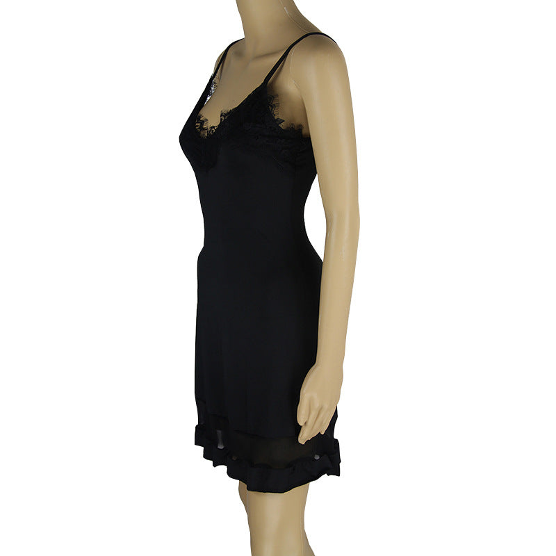 USA Europe and America sexy black lace slip dress mesh stitching nightclub dress
