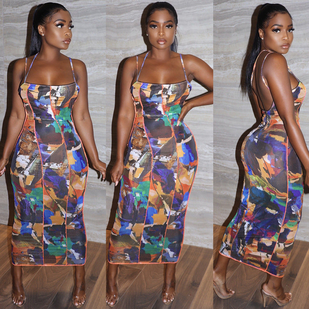 Sexy Sling Milk Silk Print Dress