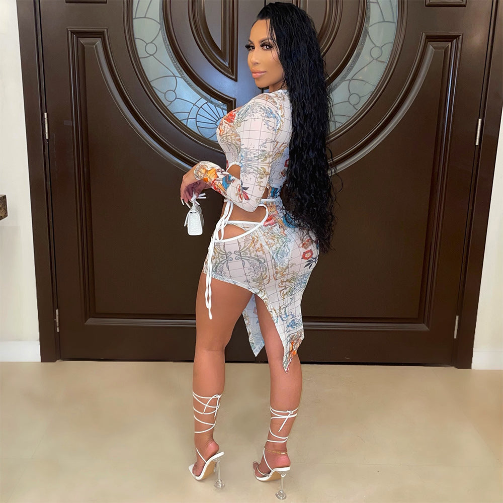 Sexy Net Gauze Print See-Through Long-Sleeved Dress