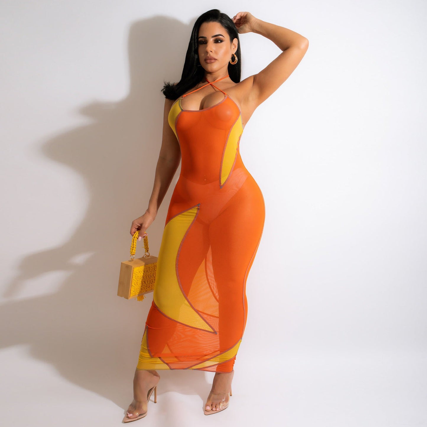 Women's Fashion Mesh See-Through Colorblock Dress