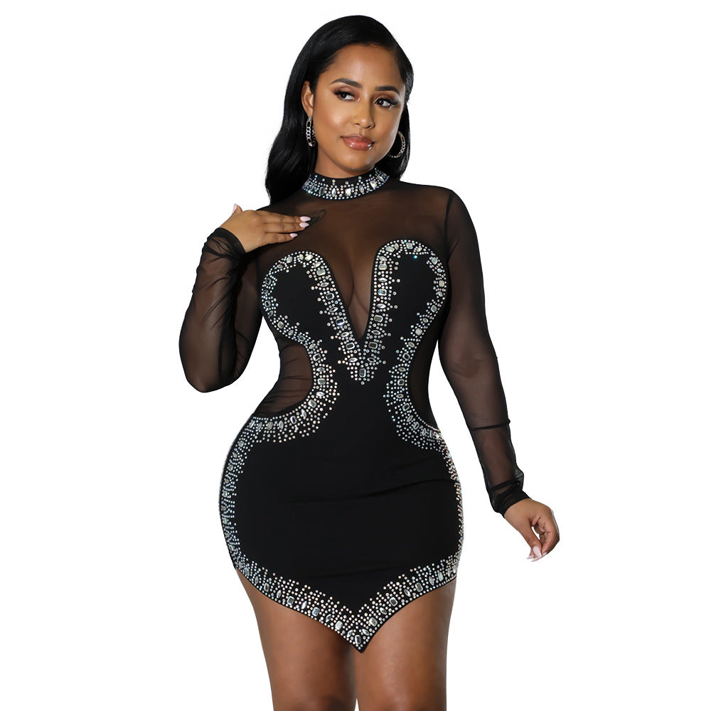 Women's Hot And Drilled Mesh See-through Long-sleeved Irregular Dress