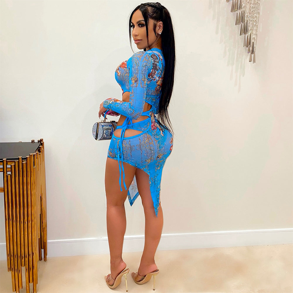 Sexy Net Gauze Print See-Through Long-Sleeved Dress