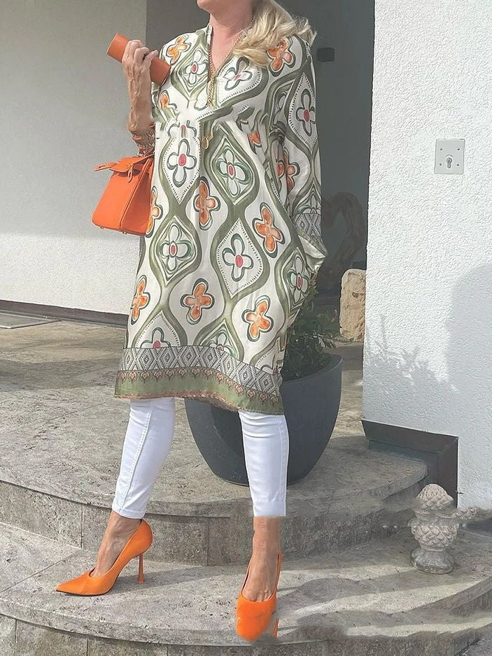 Fashionable V-neck Printed Loose Dress Long Dress