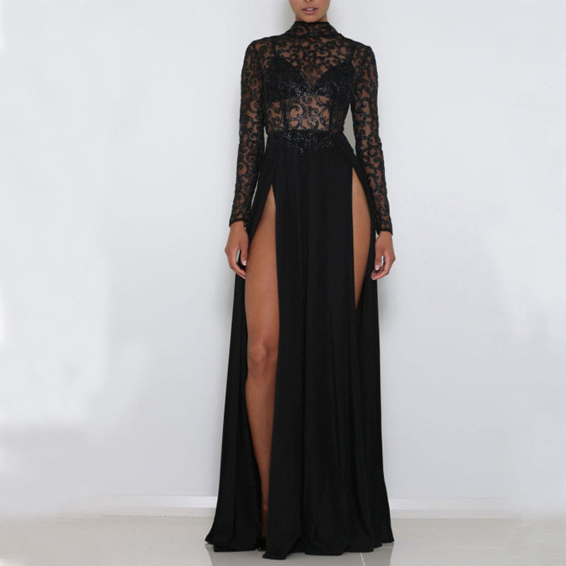 Autumn And Winter Sequin Slit See-through Long Dress For Children