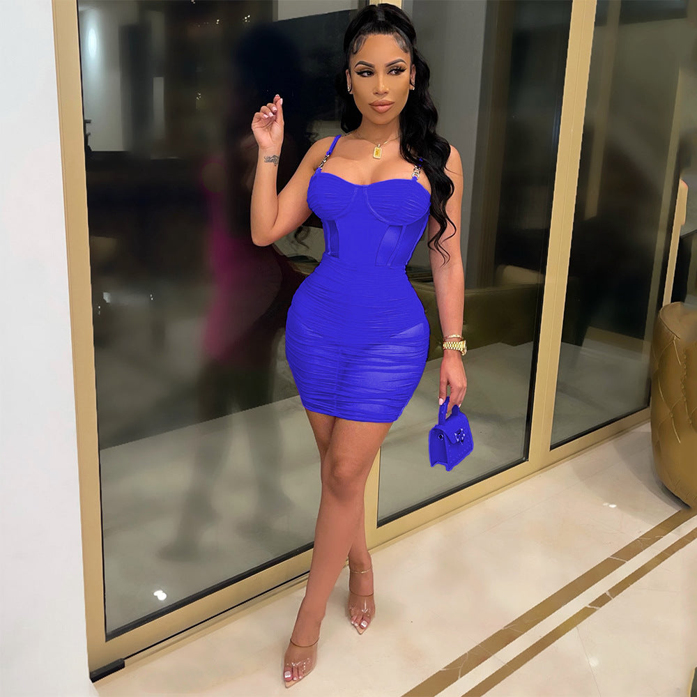 Fashionable Mesh See-Through Sling Pleated Dress
