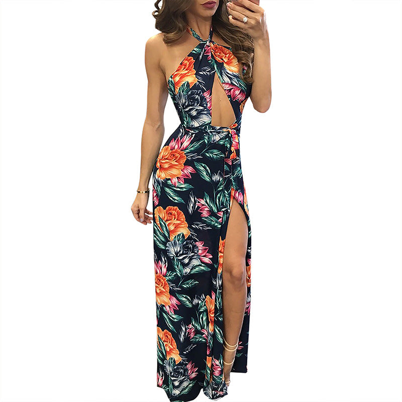 Printed Floral Sleeveless Sexy Halter Neck Split Dress