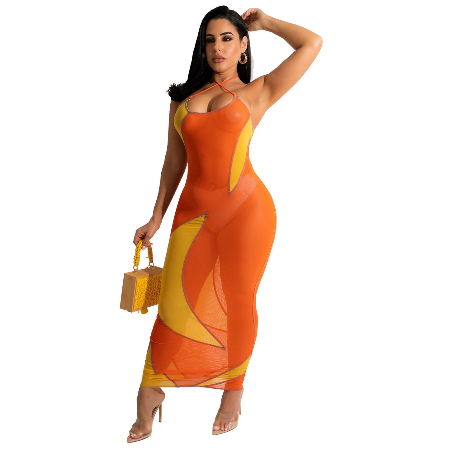 Women's Fashion Mesh See-Through Colorblock Dress