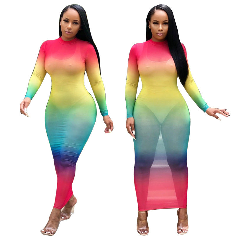 European And American Gradient See-through Dress