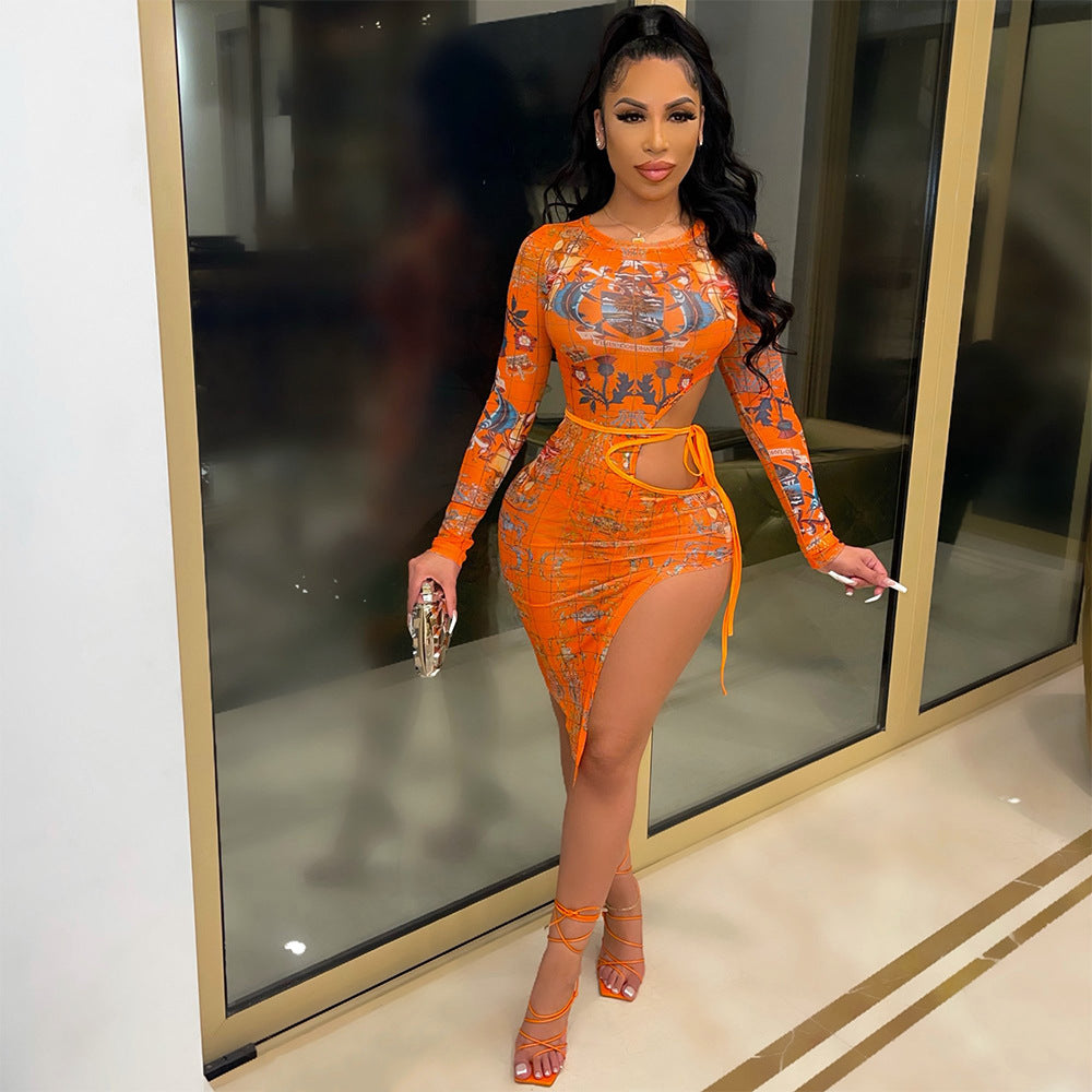 Sexy Net Gauze Print See-Through Long-Sleeved Dress