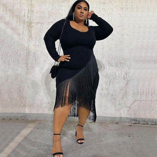 Sexy Solid Color Long-sleeved Fringed Sexy Dress