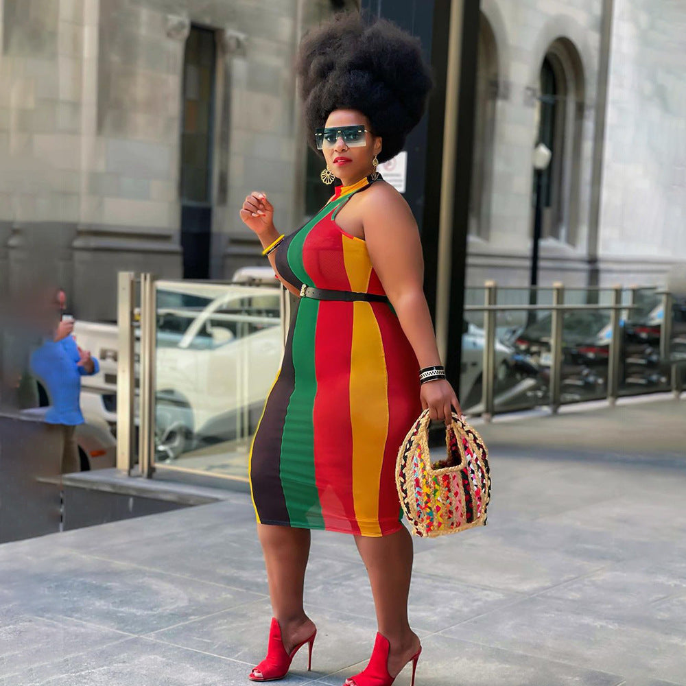 See-through Mesh Printed Striped Sleeveless Dress