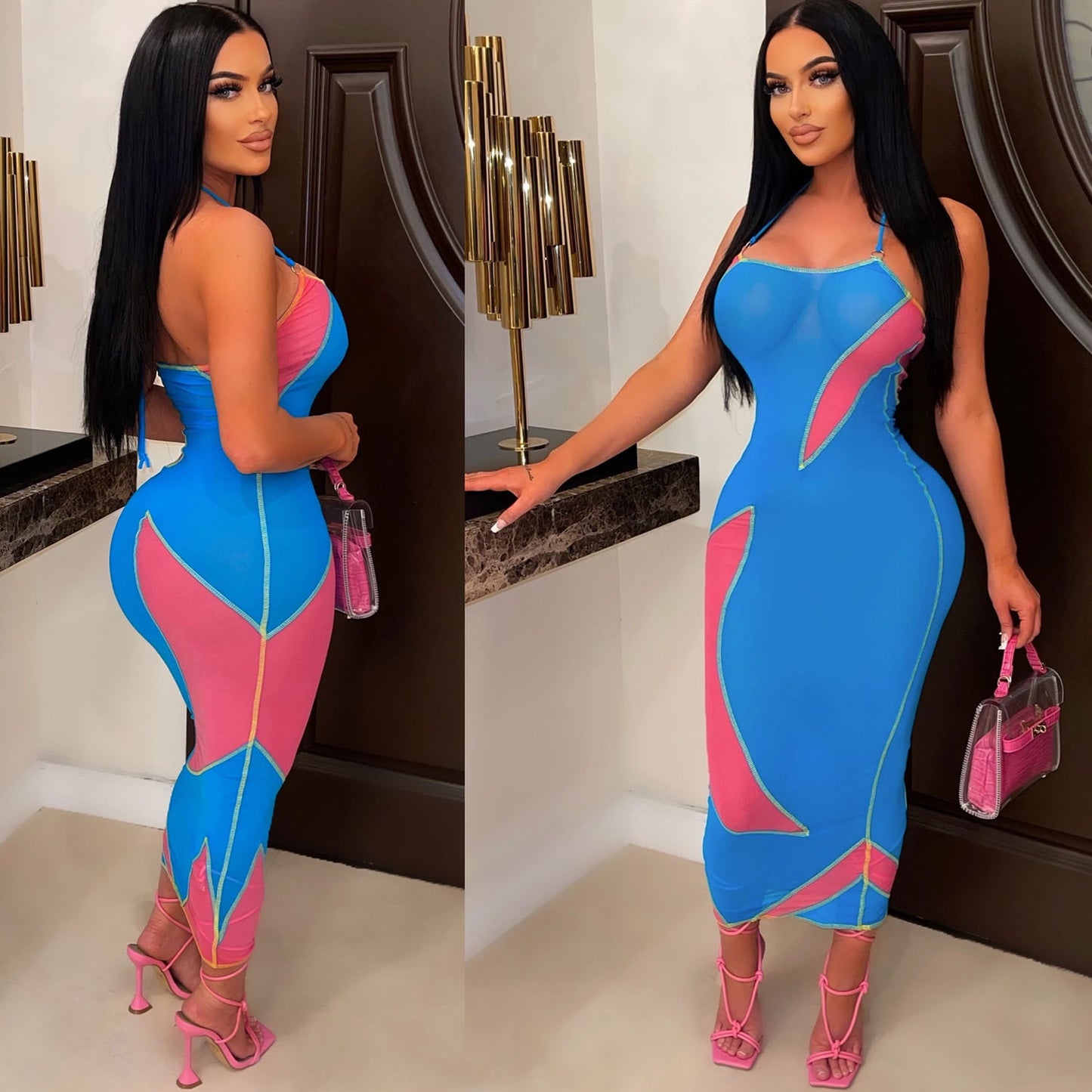 Women's Fashion Mesh See-Through Colorblock Dress