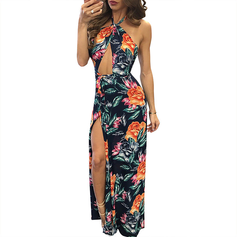 Printed Floral Sleeveless Sexy Halter Neck Split Dress