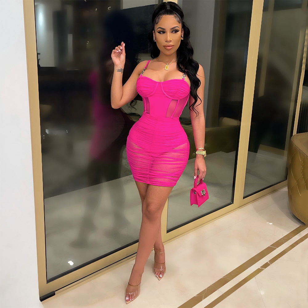 Fashionable Mesh See-Through Sling Pleated Dress