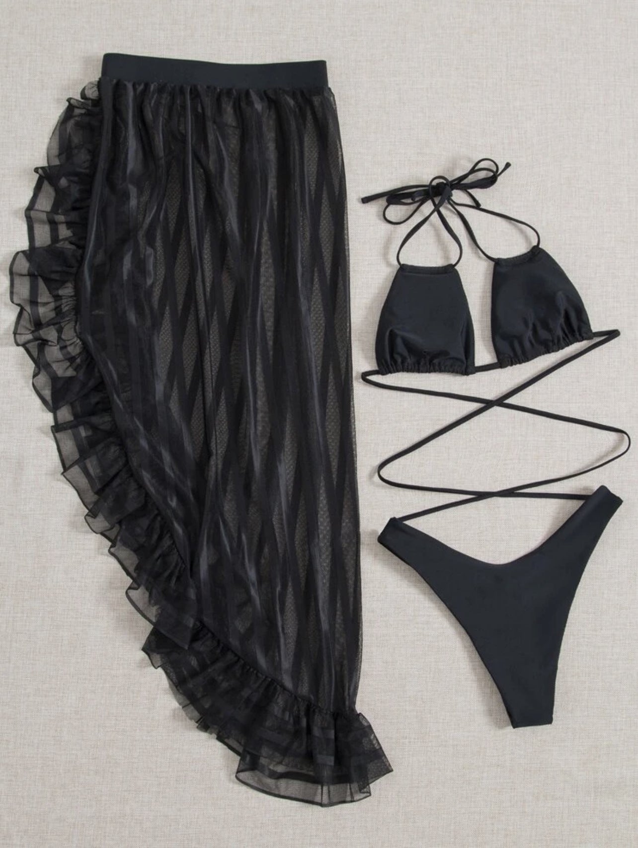 Fringed Maxi Dress Mesh Three-piece Swimsuit