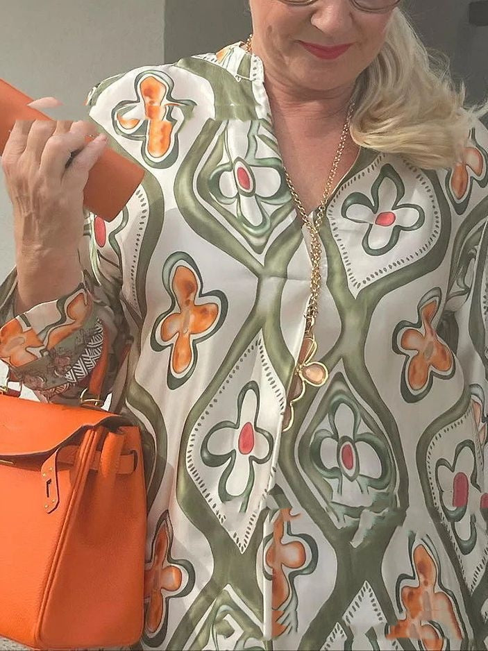 Fashionable V-neck Printed Loose Dress Long Dress