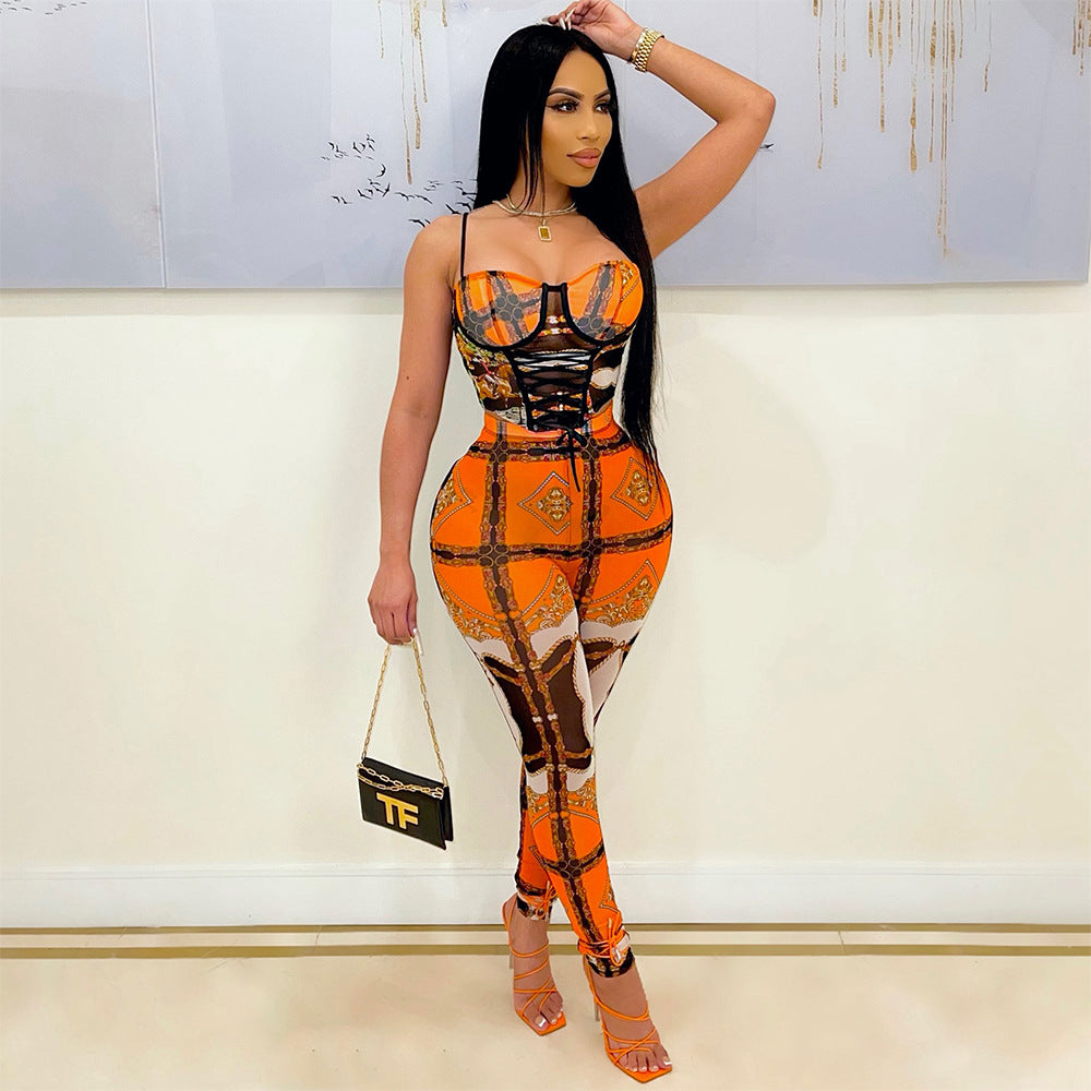 Sexy Mesh See-Through Suspenders Wrapped Chest Jumpsuit