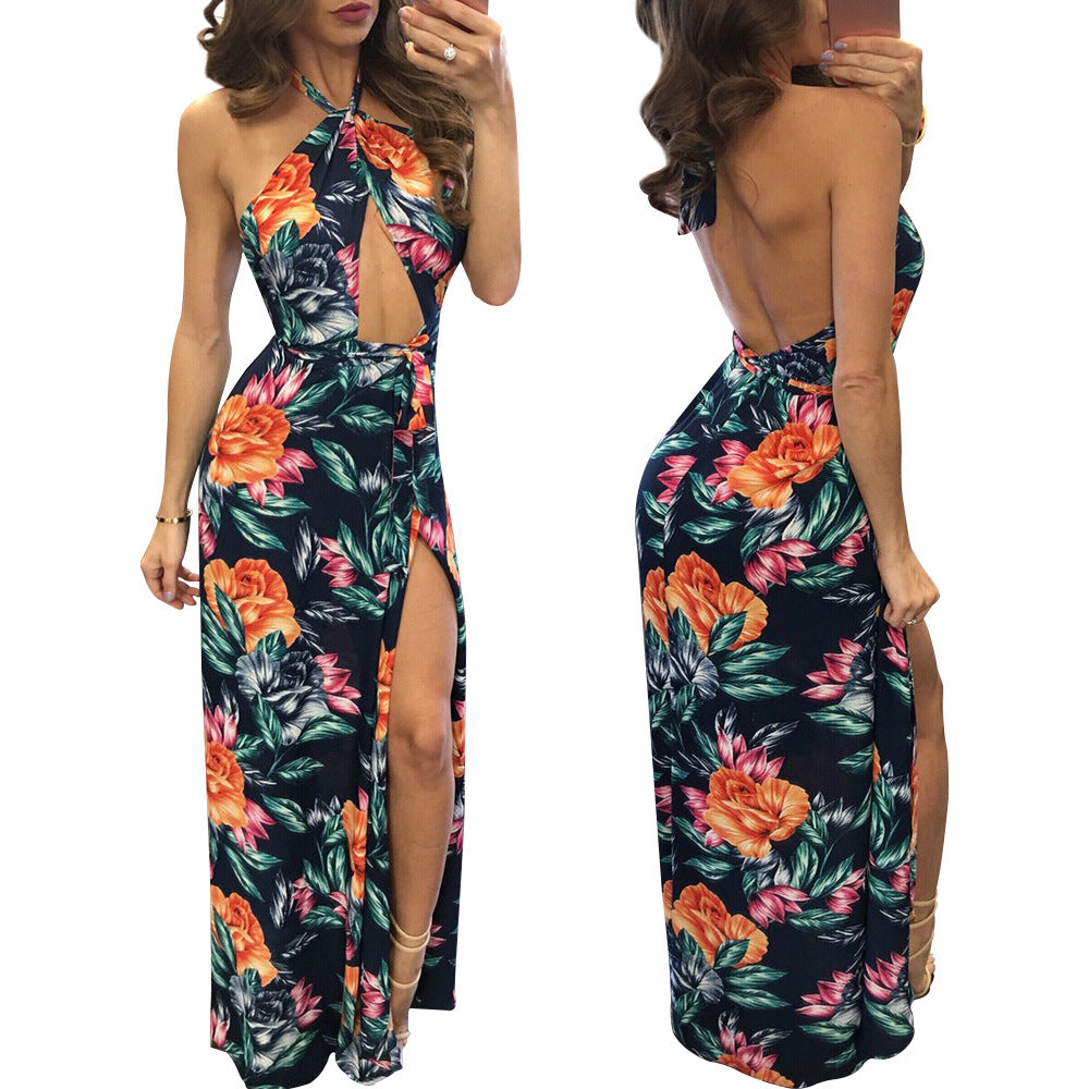 Printed Floral Sleeveless Sexy Halter Neck Split Dress