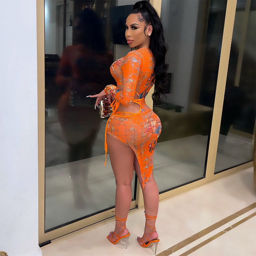 Sexy Net Gauze Print See-Through Long-Sleeved Dress