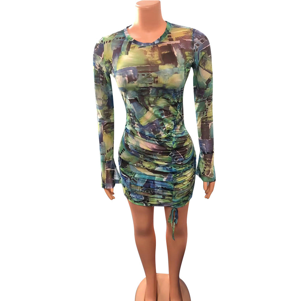 Net Yarn See-Through Print Pleated Long-Sleeved Ladies Dress