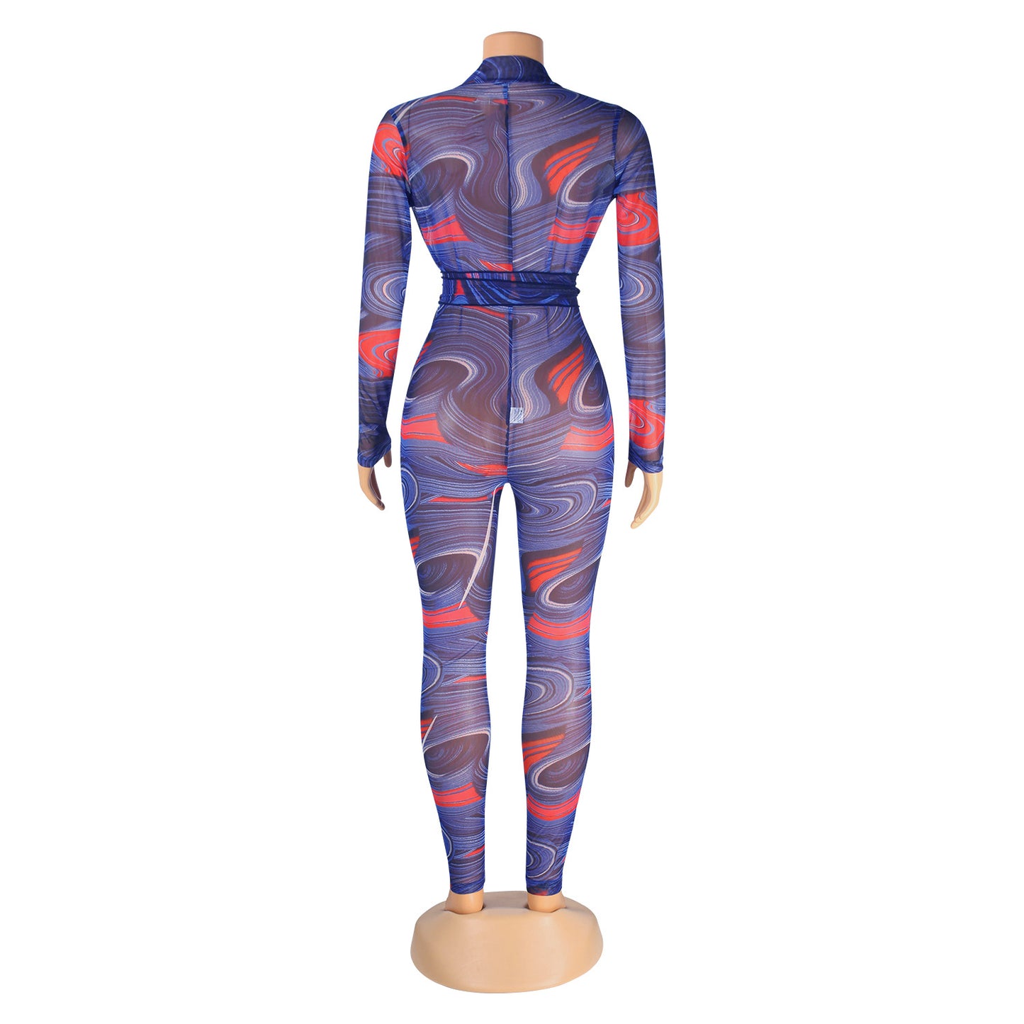 Printed Sexy Nightclub Long-Sleeved Mesh See-Through Jumpsuit