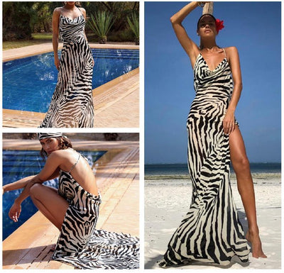 Printed Long-sleeved Peplum Zebra Print Sheath Lace-up See-through Dress