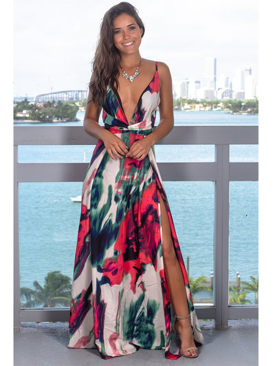 Women's Split Printed Beach Maxi Dress